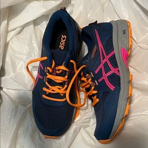 Asics Navy Running Shoes with Pink Logos and Orange Laces